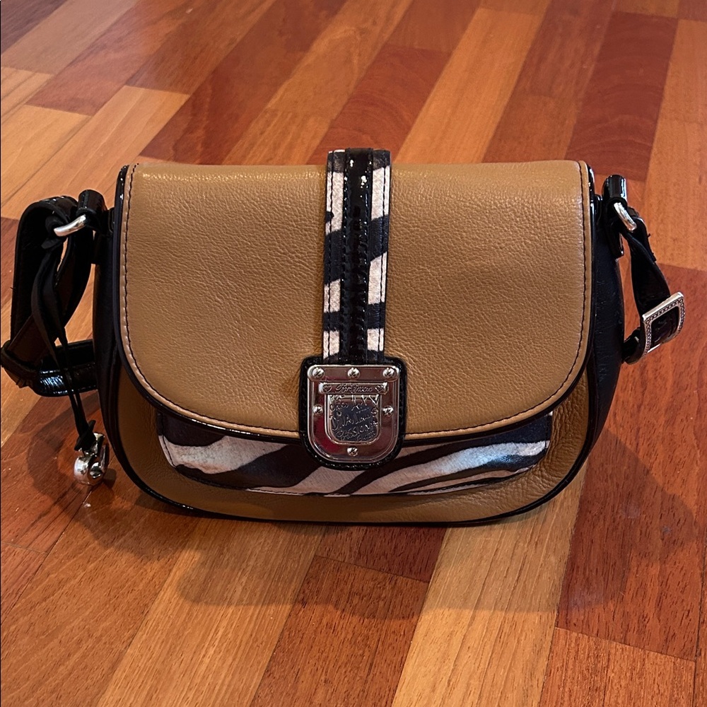 Brighton- Vintage Camel, Zebra - Black Leather Purse adjustable crossbody